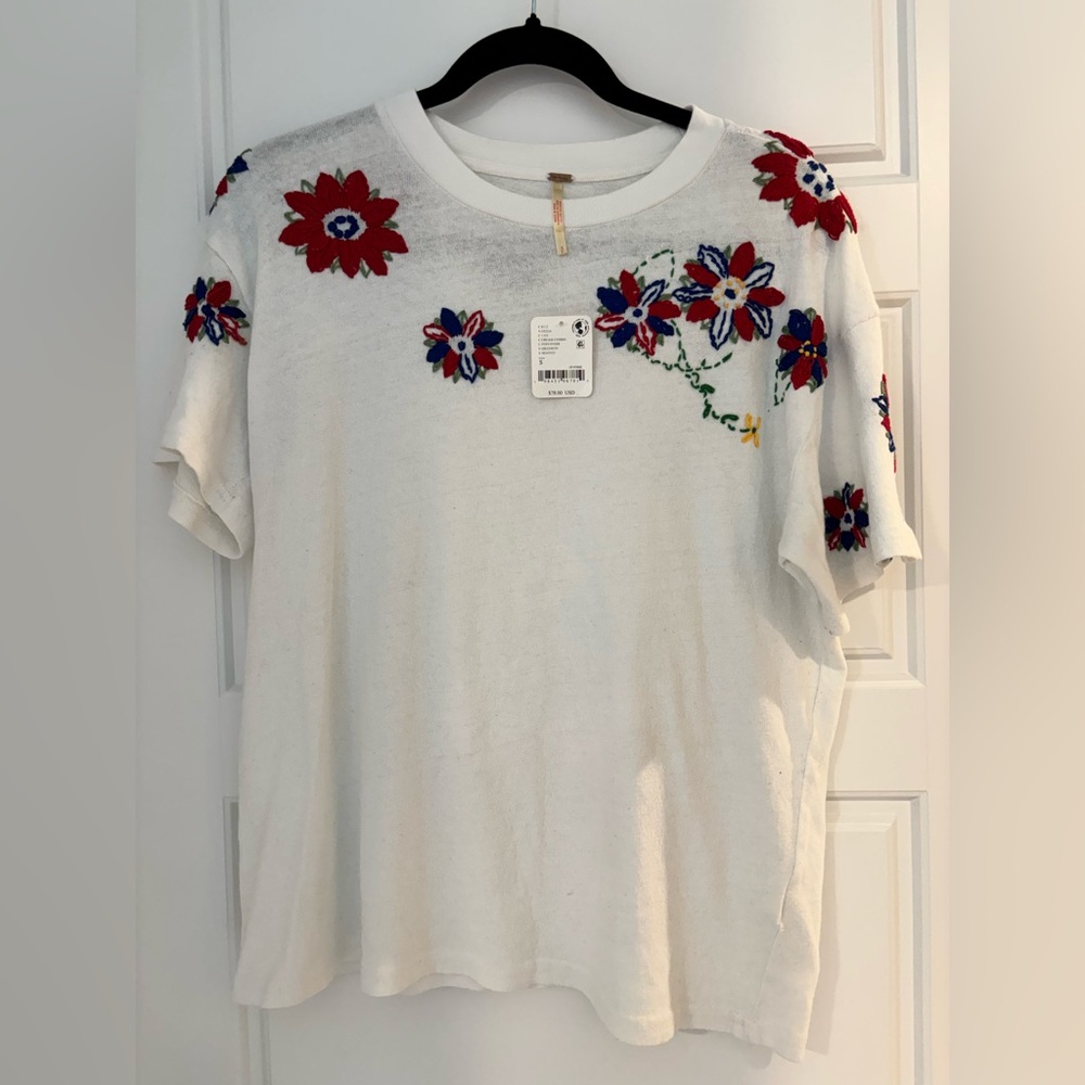 Free People Floral Embroidered White Top NWT
